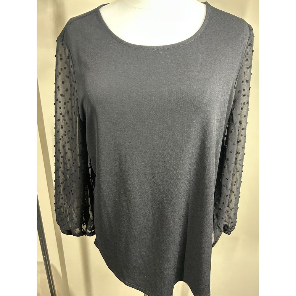 Adrianna Papell Blouse Size Large Black Sheer Sleeves Stretch $69.00 NEW 106